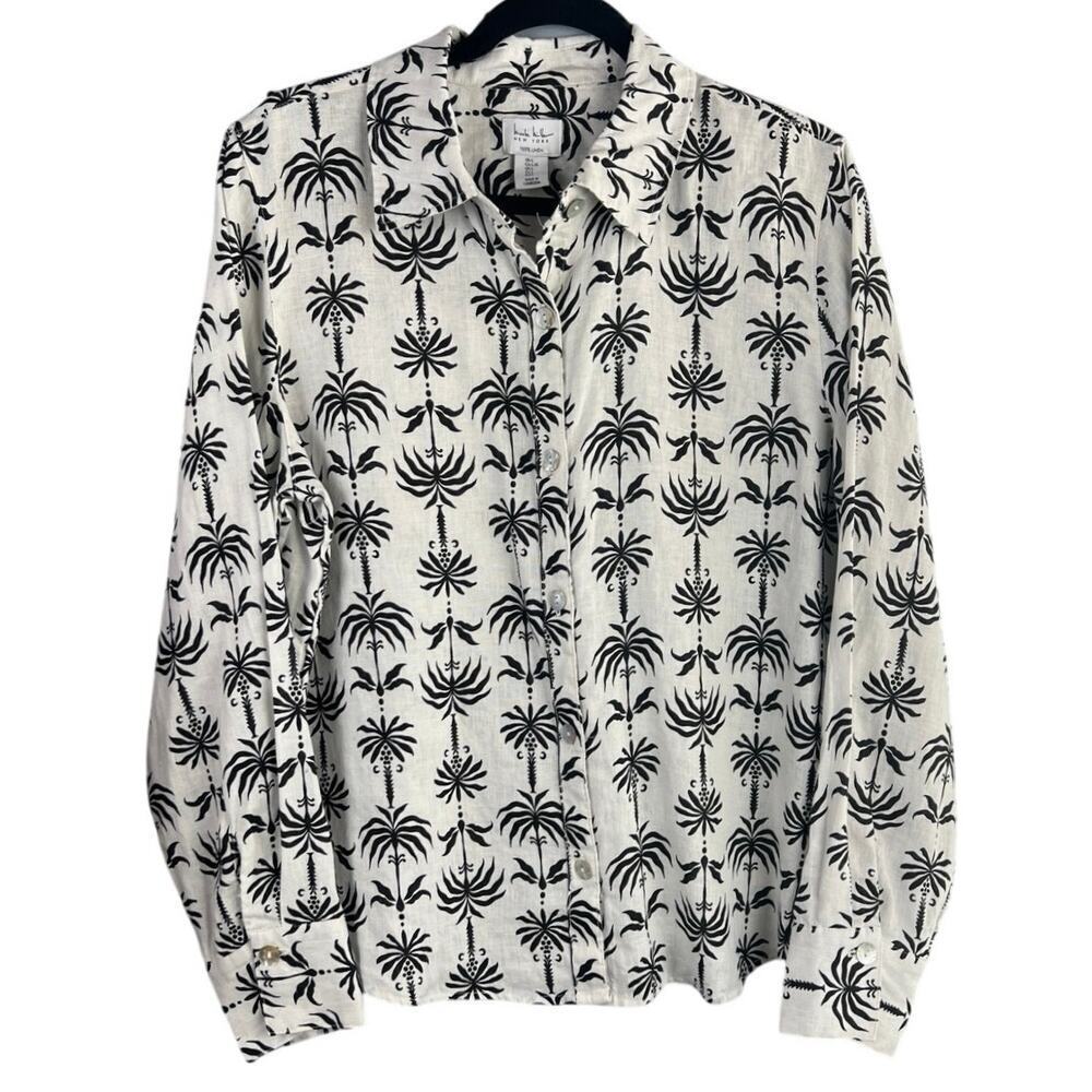 Nicole Miller 100% Linen Black and White Long Sleeve Button Down Size L - Picture 2 of 7